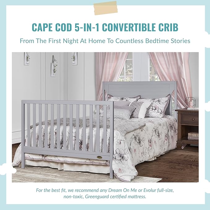 Cape Cod 5-In-1 Convertible Crib In Pebble Grey, Greenguard Gold And JPMA Certified, Built Of Sustainable New Zealand Pinewood, 3 Mattress Height Positions
