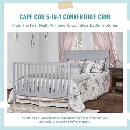 Cape Cod 5-In-1 Convertible Crib In Pebble Grey, Greenguard Gold And JPMA Certified, Built Of Sustainable New Zealand Pinewood, 3 Mattress Height Positions