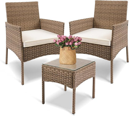 YIYAN 3 Pieces Patio Bistro Set Outdoor Wicker Furniture Outdoor Porch PE Rattan Wicker Chairs Furniture Sets with Sofa Chairs,Glass Coffee Table and White Washable Cushion