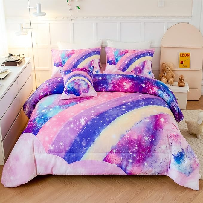 6Pcs Queen Size Comforter Set for Girls Teens, 3D Pastle Rainbow Nebula Comforter Bedding Set, Tie Dye Pink Comforter Soft Lightweight Bed in A Bag with Sheets Comforter and Pillowcases