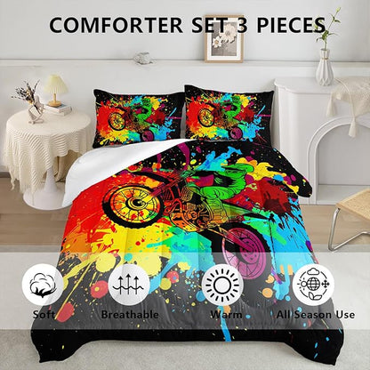 Axolotl Motocross Bedding Set Full,Dirt Bike Comforter Set,Extreme Sports Bedding,Motorcycle Racer Comforter Set Motocross Comforter Motor Vehicles Biker for Boys Kids Teens Men,1 Quilt 2 Pillowcases