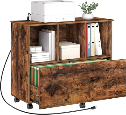 HOOBRO File Cabinet, Mobile Lateral Filing Cabinet with Charging Station, Wooden Printer Stand with Open Storage Shelf, for Home Office, Small Spaces, A4/Letter Size, Rustic Brown FG22UWJ01