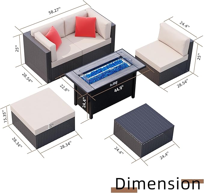 Shintenchi 5 Pieces Patio Furniture Sets w/45 inch Fire Pit Table, Outdoor Conversation Set w/50,000 BTU Steel Gas Fire Pit, Patio Sectional Sofa Set w/Glass Table &Ottoman