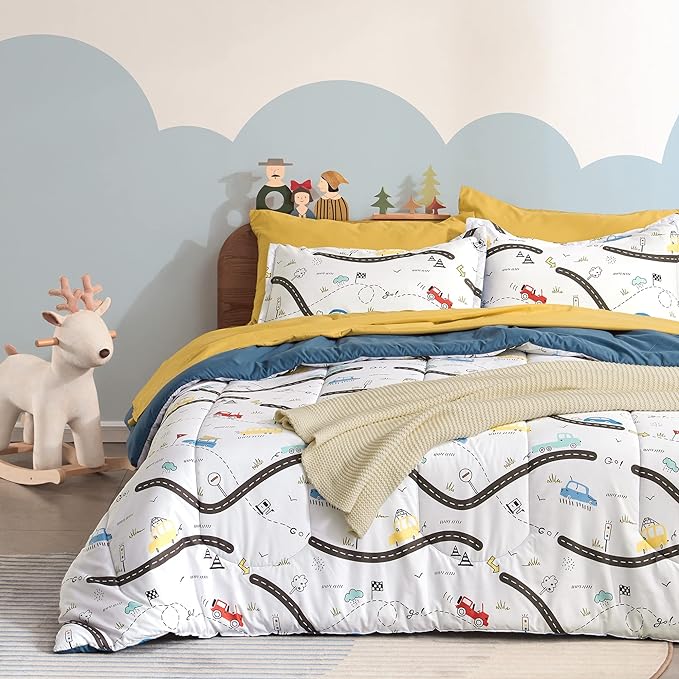 SLEEP ZONE Kids Bedding Twin Comforter Set - Cute Printed for Boys, Girls, Teens, Super Soft, Fade Resistant, Car Road, Twin