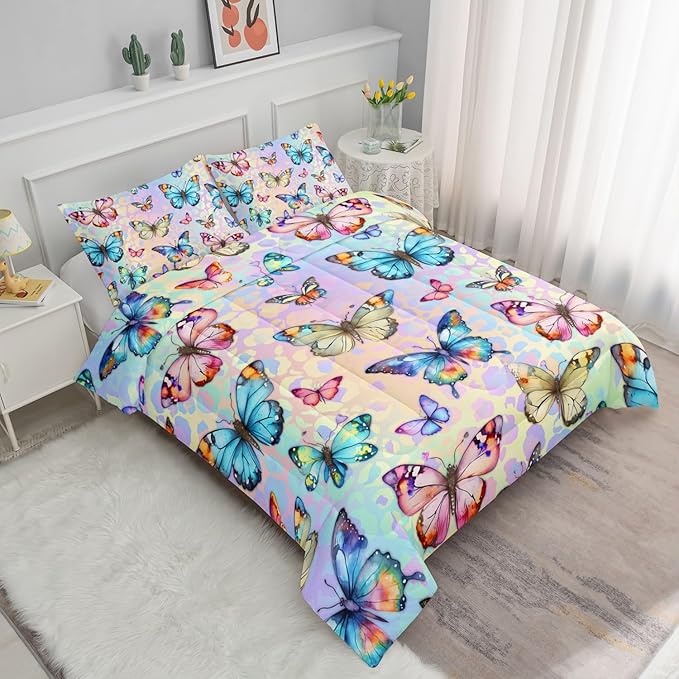 Datura home Kids Comforter Set Butterfly Printed Pattern Bedding Set with 1 Comforter and 2 Pillowcases for Girls Boys Bedroom All Season(Butterfly0 Queen)