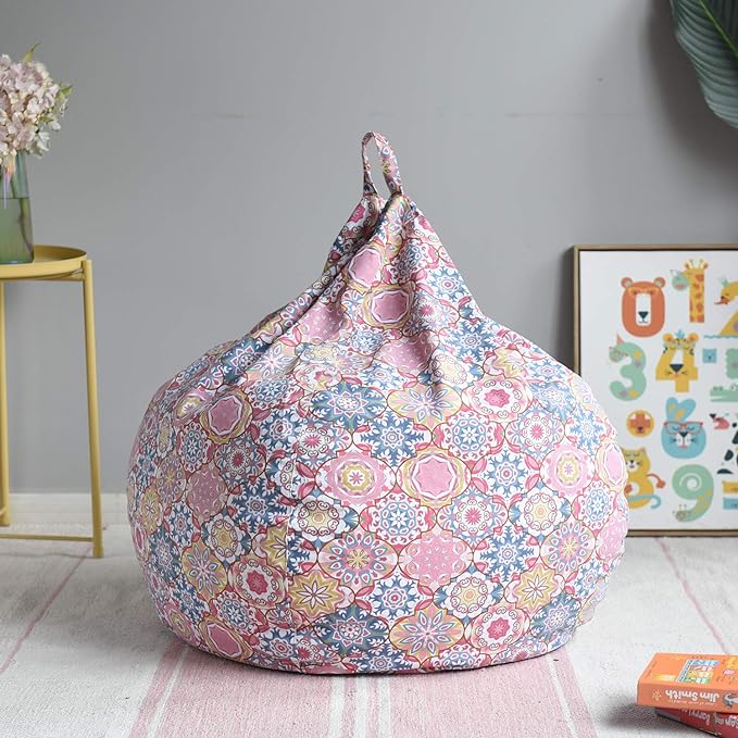 YuppieLife Kids Storage Bean Bag Cover（No Filling） Toy Organizer|Carrying Handle Sofa|Available for Kids and Teenager|Cuddle Chair|Machine Washable and Durable（38“,Pink flowers）