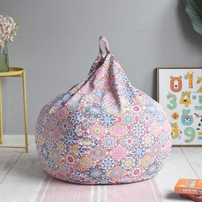 YuppieLife Kids Storage Bean Bag Cover（No Filling） Toy Organizer|Carrying Handle Sofa|Available for Kids and Teenager|Cuddle Chair|Machine Washable and Durable（38“,Pink flowers）