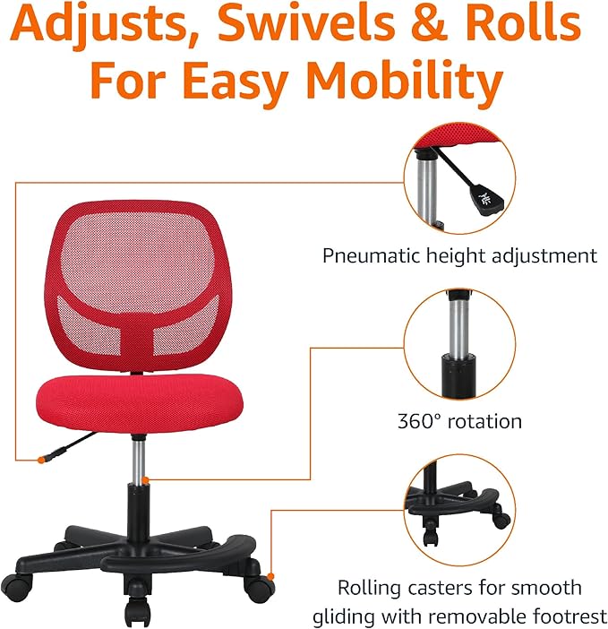 Amazon Basics Kids Adjustable Mesh Low-Back Swivel Study Desk Chair with Footrest, Red