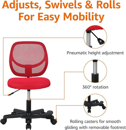 Amazon Basics Kids Adjustable Mesh Low-Back Swivel Study Desk Chair with Footrest, Red