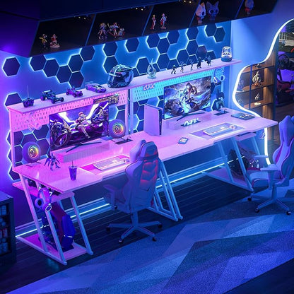 Pink Gaming Desk with Hutch and LED Lights, 55" Computer Desk with Storage Shelves, Reversible PC Gaming Desk with Pegboard, Gaming Table Gamer Desk for Bedroom, Carbon Fiber Pink