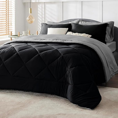 Bedsure Black Comforter Set Queen - 7 Pieces Reversible Black Bed in a Bag with Comforters, Sheets, Pillowcases & Shams, Queen Black Bed Set