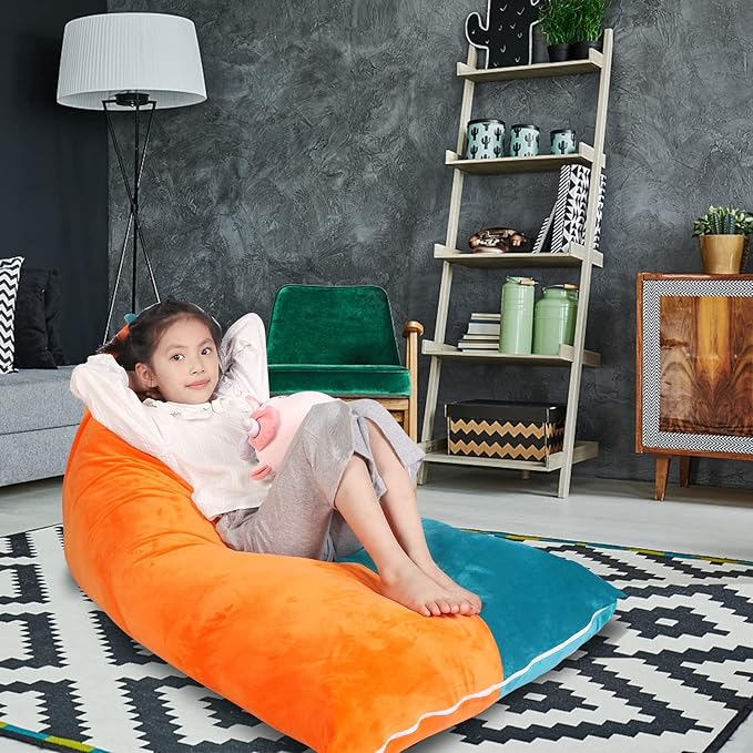 Stuffed Animal Storage Bean Bag Chair Cover, Velvet Turquoise Orange Plush Toy Storage Stuff and Sit Seat for Kids/Teens/Adults, 52" x 31" Extra Large Triangle Sofa, 200L/52Gal, Cover Only
