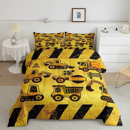 Tractor Bedding Set Full Size, Equipment Truck Comforter Set, Construction Excavator Down Comforter, Yellow Vehicle Super Soft Quilt Set For Kids Boys Teens, Construction Site Car Comforter Decor
