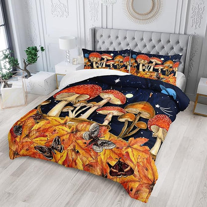 Galaxy Mushroom Comforter Set Full Size Kids Mushroom Butterfly Bedding Set Leaves Quilt Bed Set for Boys Girls Adults with 1 Comforter and 2 Pillowcases