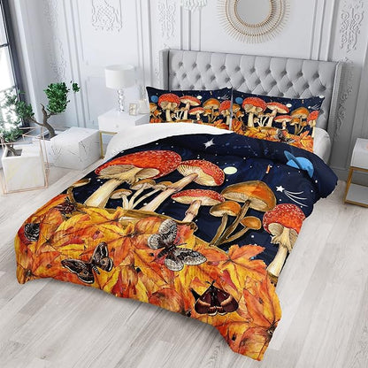 Galaxy Mushroom Comforter Set Twin Size Kids Mushroom Butterfly Bedding Set Leaves Quilt Bed Set for Boys Girls Adults with 1 Comforter and 2 Pillowcases
