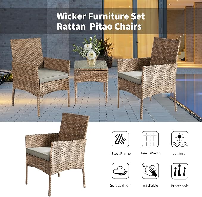 3 Pieces Patio Set Balcony Furniture Sets for Apartments.Bistro Furniture Set, Conversation Sets with Coffee Table, for Porch, Patio, Garden and Removable Cushions Grey