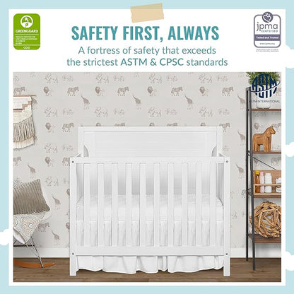 Bellport 4 in 1 Convertible Mini/Portable Crib In White, Non-Toxic Finish, Made of Sustainable New Zealand Pinewood, With 3 Mattress Height Settings