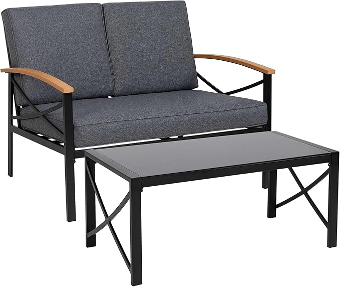 Shintenchi 2 Piece Outdoor Patio Furniture Set, Metal Sofa Chair Conversation Set, Including Loveseat and Coffee Table for Backyard, Patio, Balcony, Poolside (Dark Grey)