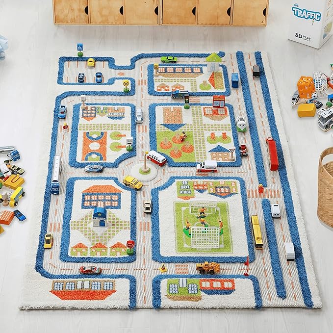 IVI 3D Play Carpets, 71 x 52.5 Inch, Traffic Educational Toddler Mat Rug for Bedroom, Kids Den, or Playroom, Large