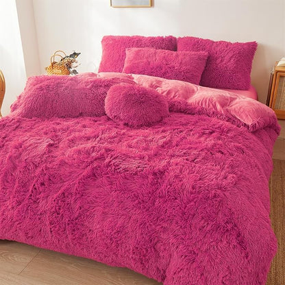 Fluffy Faux Fur hot pink Comforter Cover Set Queen - Ultra Soft Plush hot pink Bedding Sets 3 Pieces (1 fluffy duvet cover + 2 Faux Fur Pillow case) Cute hot pink Bed Set (Hot pink, Queen)