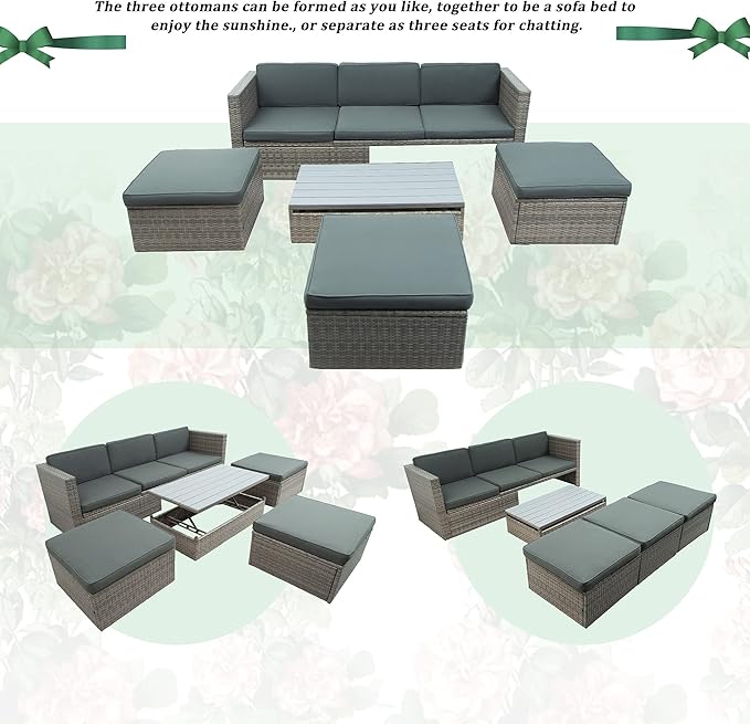 5-Piece Patio Furniture Sets Wicker Outdoor Sofa Couch with Adustable Backrest, Ottomans and Lift Top Coffee Table, Onesize, Gray