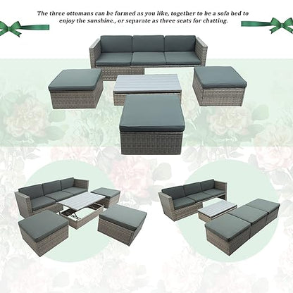 5 Pieces Outdoor Patio Sectional Sofa Couch, PE Wicker Furniture Conversation Sets with Adustable Backrest & Washable Cushions & Ottomans & Glass Coffee Table for Garden, Poolside, Backyard