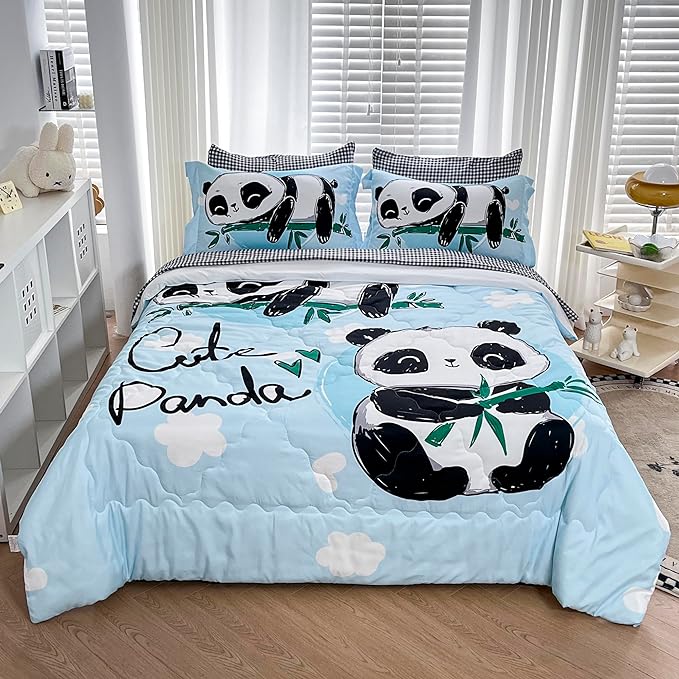 Wajade Kids Panda Comforter Set Bed in A Bag Twin Size 7 Piece Blue 3D Cute Panda Bamboo Clouds Bedding Set for Girls Boys (1 Comforter, 1 Flat Sheet, 1 Fitted Sheet, 2 Pillowcase and 2 Pillow Sham)