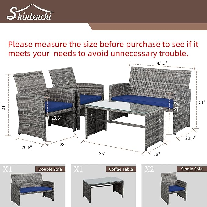 Shintenchi 4-Piece Outdoor Gray Wicker Patio Conversation Furniture Set, Rattan Patio Furniture Set with Weather Resistant Cushions and Tempered Glass Tabletop,Navy Blue