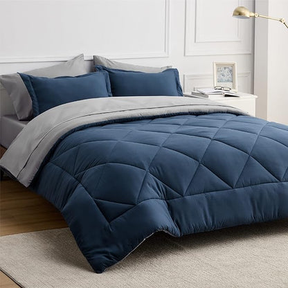 Bedsure Navy Comforter Set King - 7 Pieces Reversible King Navy Bed in a Bag, Bed Sets King with Comforters, Sheets, Pillowcases & Shams, Navy King Bedding Set