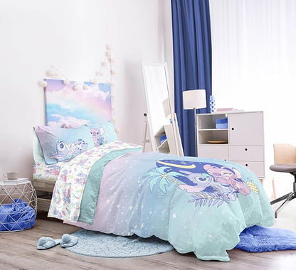 Disney Lilo and Stitch Twin Size Comforter Set - 5 Piece Floral Bedding includes Sheet Set & Pillow Covers Features Angel - Super Soft Purple & Teal Stars Kids Bedding