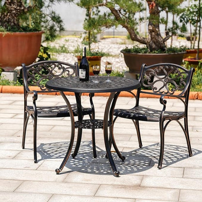 Cast Aluminum Patio Dining Set, Outdoor Bistro Set, 31.5"" Round Patio Table with Umbrella Hole, 2 Patio Chairs for Yard Porch Garden Balcony, Bronze 4