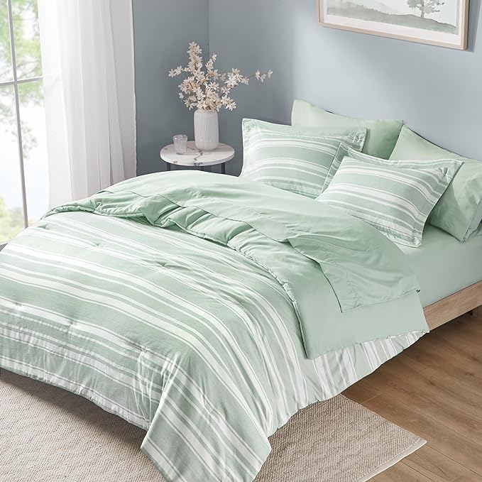 Codi Queen Comforter Set 7 Piece, Sage Green White Striped Bed in a Bag Reversible, Cationic Dyeing Shabby Chic Bedding Sets with Comforter, Sheets, Pillowcases & Shams