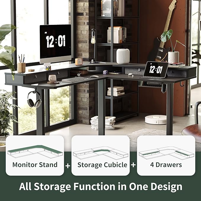 FEZIBO 63" L Shaped Standing Desk with 4 Drawers, Electric Standing Gaming Desk Adjustable Height, Corner Stand up Desk with Splice Board, Black Frame/Black Top