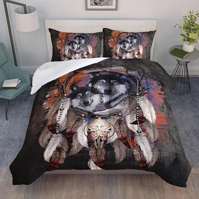 Wolf Dream Catcher Comforter Set for Kids Teens Girls Retro Modern Wildlife Animal Comforter Tie Dye Wolf Bedding Set for Kids Teens Room Decor
