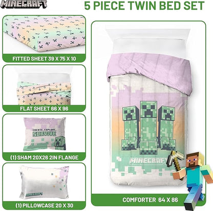 Minecraft Creeper Twin Comforter Set - 5 Piece Bedding includes Sheet Set & Pillow Covers - Super Soft Pink & Green Kids Bedding