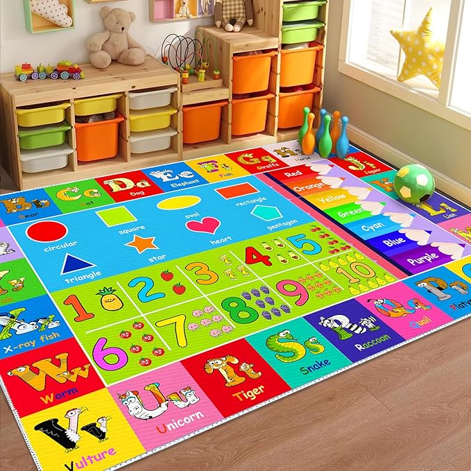 Kids Alphabet Play Game Rug - 5' 3" x8' ABC Numbers and Shapes Educational Learning Toddler Carpet - Kids Room Playroom Classroom Kindergarten Activity Fun Soft Non-Slip Mat