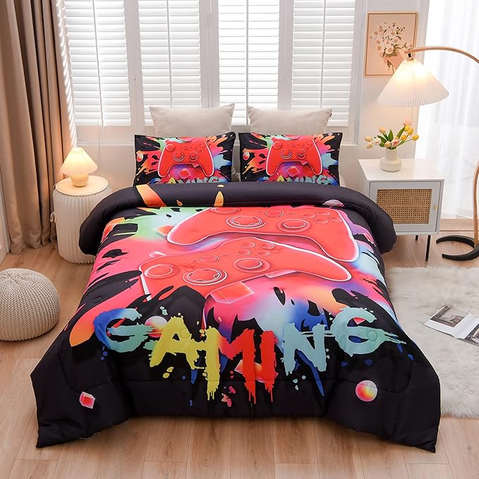 Aimuan Gaming Comforter Sets for Boys Kids Bedding Sets Video Games Console Action Buttons Novelty Colorful Game Gamepad Controller Modern Gamer Room Decor Home Quilt Set (Full, Black)