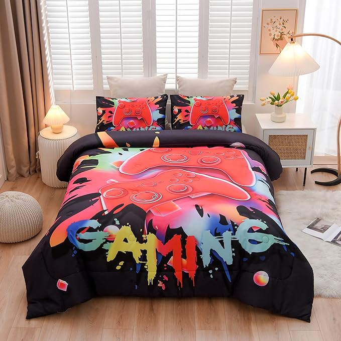 Aimuan Gaming Comforter Sets for Boys Kids Bedding Sets Video Games Console Action Buttons Novelty Colorful Game Gamepad Controller Modern Gamer Room Decor Home Quilt Set (Queen, Black)