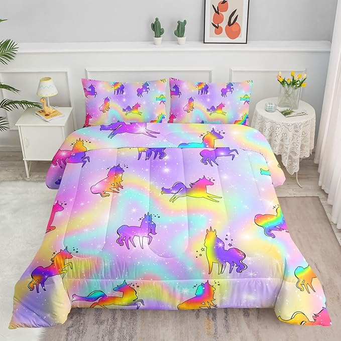 Datura home Unicorn Rainbow Comforter Bedding Set for Girls Kids Children Teens,Sky Glitter Star Colorful Bedding Set with 1 Comforter and 2 Pillowcases(Unicorn3 Full)