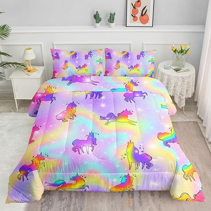 Datura home Unicorn Rainbow Comforter Bedding Set for Girls Kids Children Teens,Sky Glitter Star Colorful Bedding Set with 1 Comforter and 2 Pillowcases(Unicorn3 Full)
