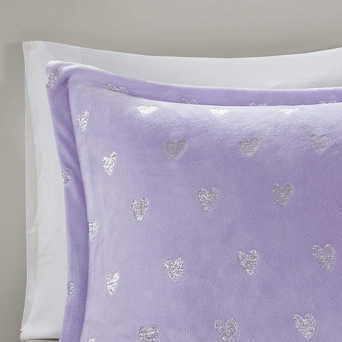 Mi Zone Rosalie Comforter Set for Girls, Ultra-Soft Microlight Plush Metallic Printed Hearts Brushed Reverse Overfilled Down Alternative Hypoallergenic All Season, Twin/Twin XL, Purple/Silver, 3 Piece