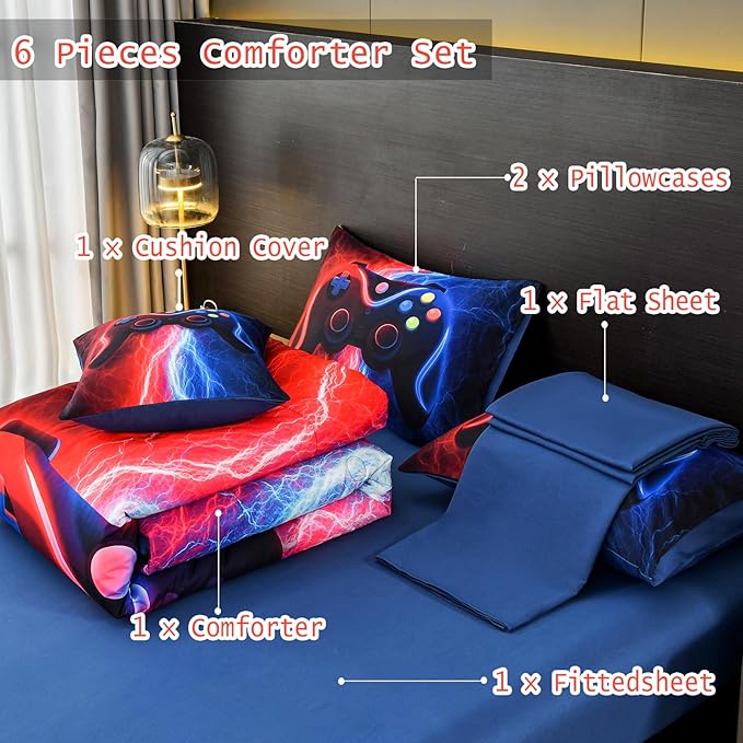 DORCAS Gamer Comforter Sets with Sheets for Boys,Full Size Gamer Bedding Sets Boys,6 Pieces Lightning Gaming Bedding Set for Boys Kids Teens(Red&Blue, Full)