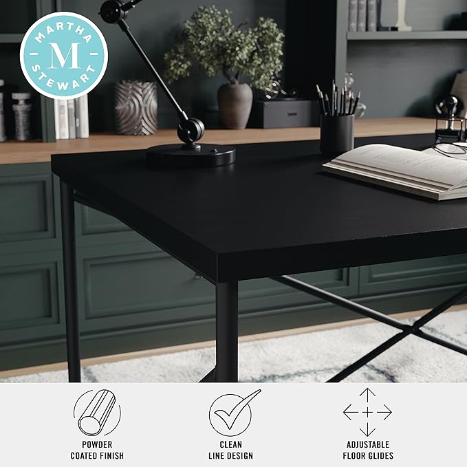 Martha Stewart Maddox Home Office Parsons Desk in Black Wood Grain with Oil Rubbed Bronze Metal X-Frame