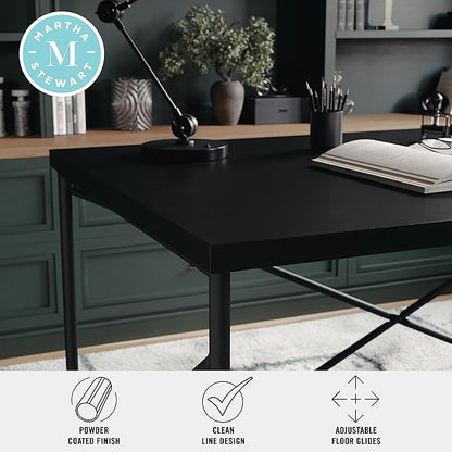 Martha Stewart Maddox Home Office Parsons Desk in Black Wood Grain with Oil Rubbed Bronze Metal X-Frame