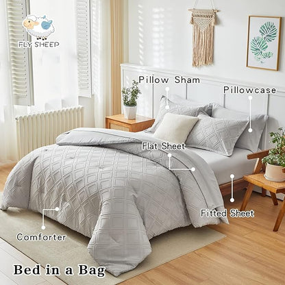 7 Pieces Tufted Bed in a Bag King Comforter Set with Sheets Light Grey, Soft and Embroidery Shabby Chic Boho Bohemian, Solid Color with Diamond Pattern, Jacquard Tufts Bedding Set for All Season