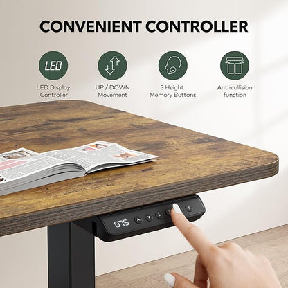 FEZIBO L Shaped Standing Desk Adjustable Height, 63 Inch Electric Stand up Corner Computer Desk, Sit Stand Home Office Desk with Splice Board, Rustic Brown Top/Black Frame