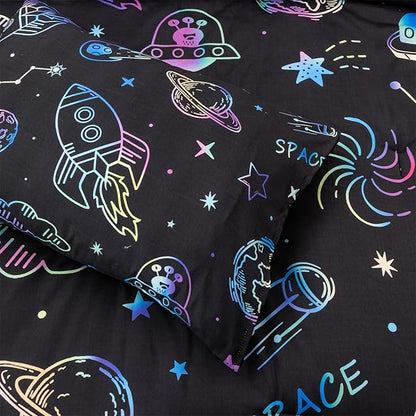 Aimuan Space Comforter Twin Set Kids Rocket Bedding Set Super Soft & Cute Aliens UFO Printed for Boys Girls Teen (Black, Twin 5Pcs)