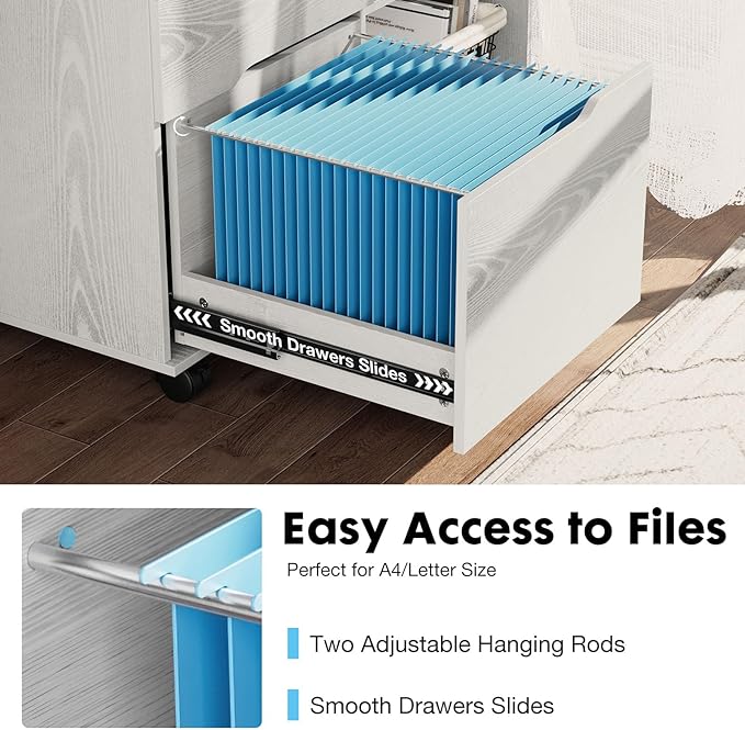 Sweetcrispy 3-Drawer File Cabinet, Lateral Mobile Filing Cabinet Wood Under Desk Storage Organizer with Wheels, Printer Stand & Open Shelves for Home Office Organization - White