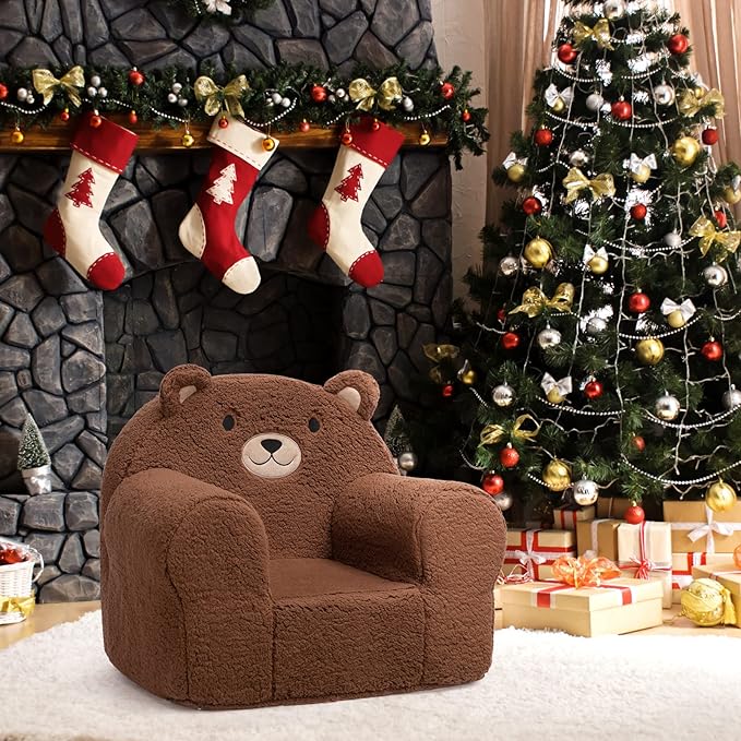 ALIMORDEN Kids Ultra-Soft Snuggle Foam Filled Chair, Toddler Cuddly Sherpa Sofa for Boys and Girls, Large Size Chair Better Support More Comfortable Experience, Caramel Bear