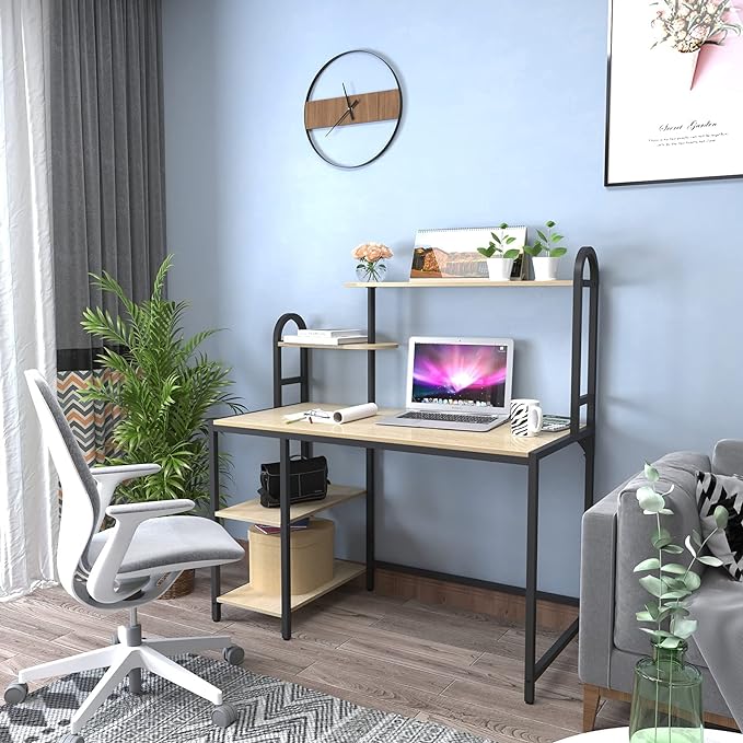 Anivia Computer Bookshelf Home Office, Study Table with Hutch & Adjustable Shelves, Sturdy Wooden Desk for Gaming, Easy Assemble, 49.2", Light Walnut